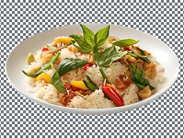 PSD delizioso piatto di riso fritto con foglie di basilico isolato su uno sfondo trasparente