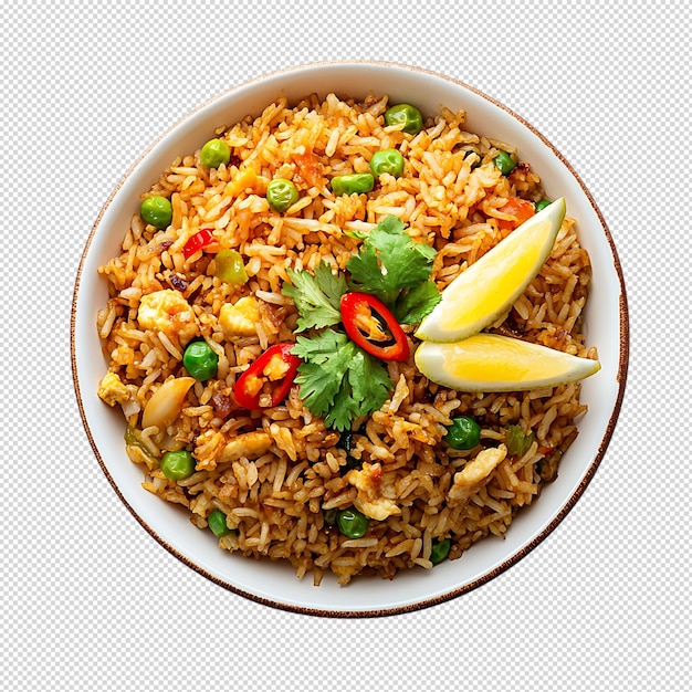 Delicious Fried Rice with Vegetables and Lemon Garnish