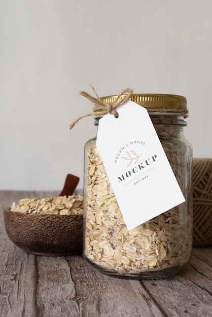 PSD delicious grains in jar with label mockup