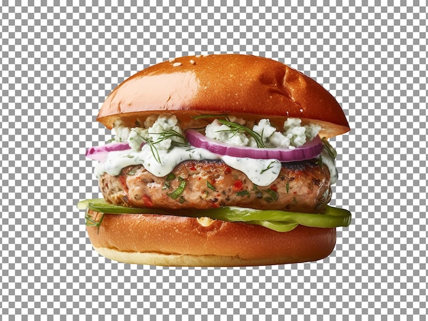 Delicious greek turkey burger isolated on transparent background