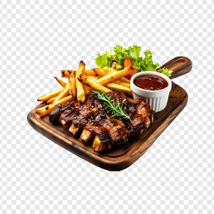PSD delicious grilled bbq ribs franse frietjes en saus op hout