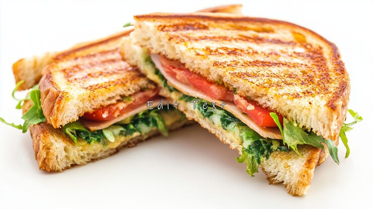 PSD delicious grilled sandwich with ham tomato spinach and cheese
