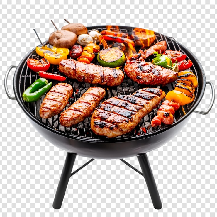 PSD вкусный стейк на гриле и перцы на переносном подносе для барбекю на прозрачном фоне