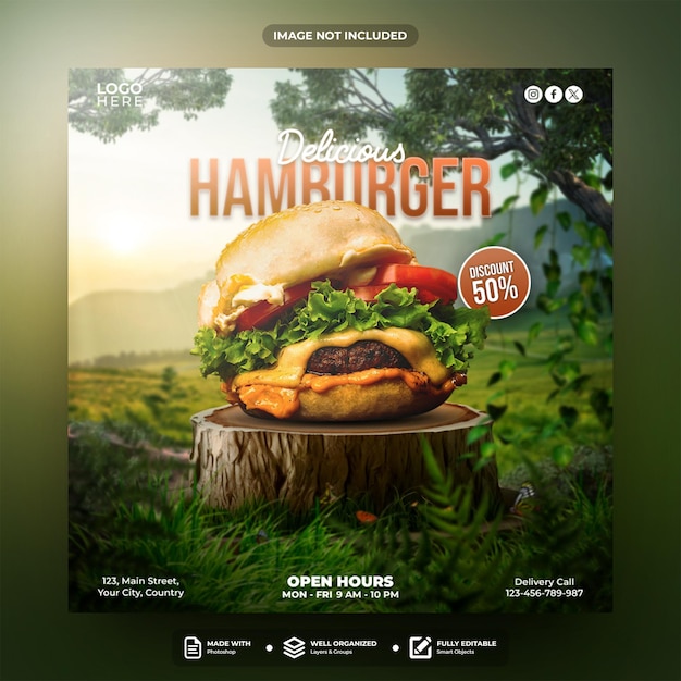 맛있는 햄버거 소셜 미디어 게시물 템플릿
