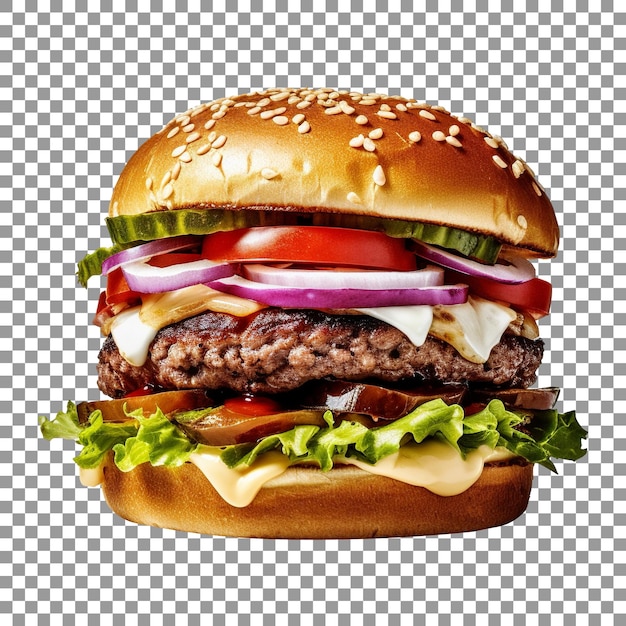 Delicious hamburger with cheese onions tomato and beef on transparent background