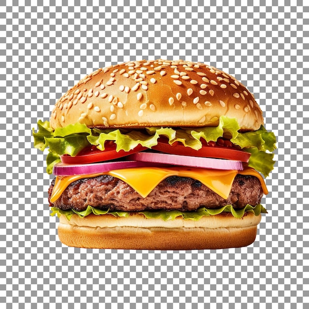 Вкусный гамбургер с сыром, луком, помидорами и говядиной на прозрачном фоне