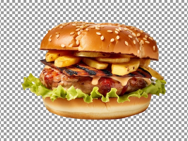 Delicious hawaiian teriyaki turkey burger isolated on transparent background