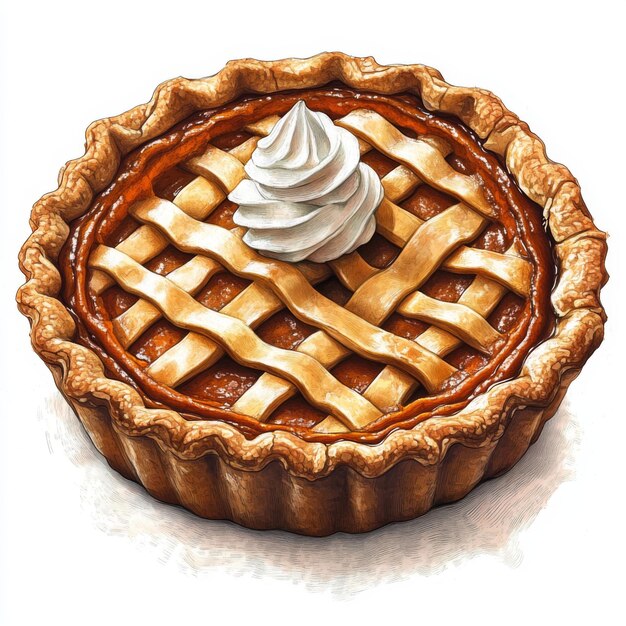 delicious homemade pumpkin pie with lattice crust and whipped cream topping on white background
