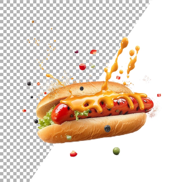 Delicious hotdog with cheese splash on transparent background