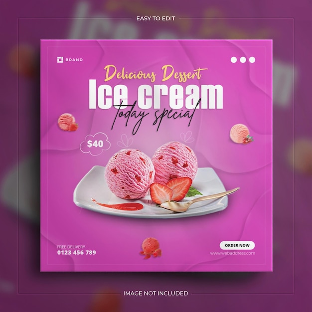 소셜 미디어 인스타그램 포스트 배너 템플릿을 위한 맛있는 아이스크림 디저트 음식