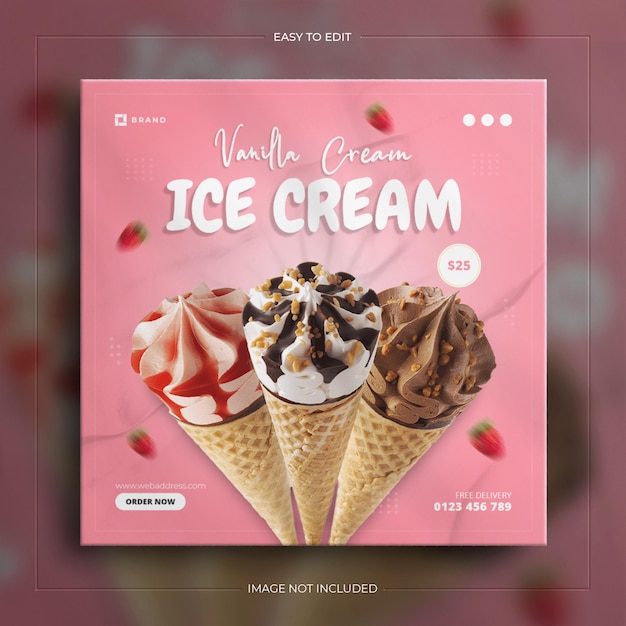맛있는 아이스크림과 인스타그램 음식 소셜 미디어 배너 포스트 디자인