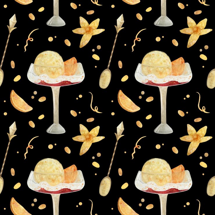 PSD delicious ice cream sundae on a black background with gold accents psd