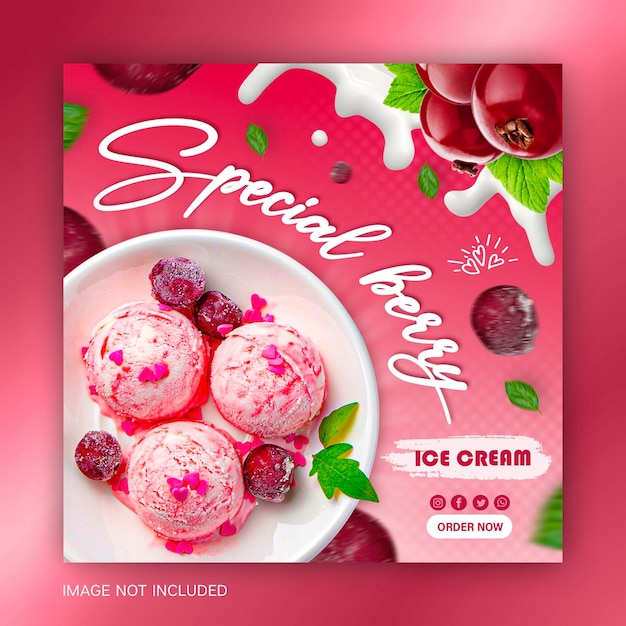 Delicious icecream with frozen cherries social media banner instagram square post template design