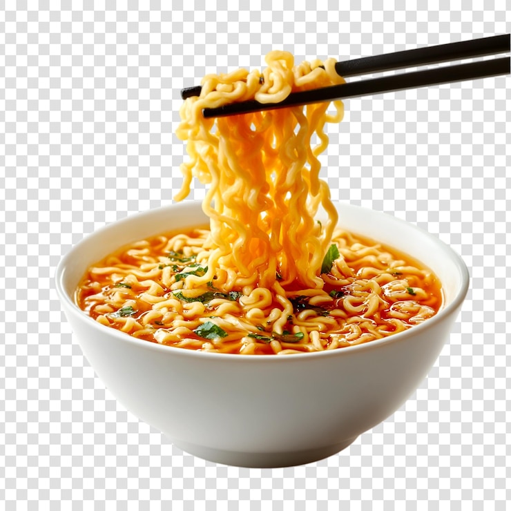 PSD delicious instant noodles lifted with chopsticks from a bowl