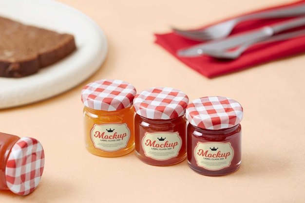Delicious jam in glass jar with label