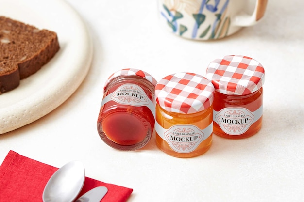 Delicious jam in glass jar with label