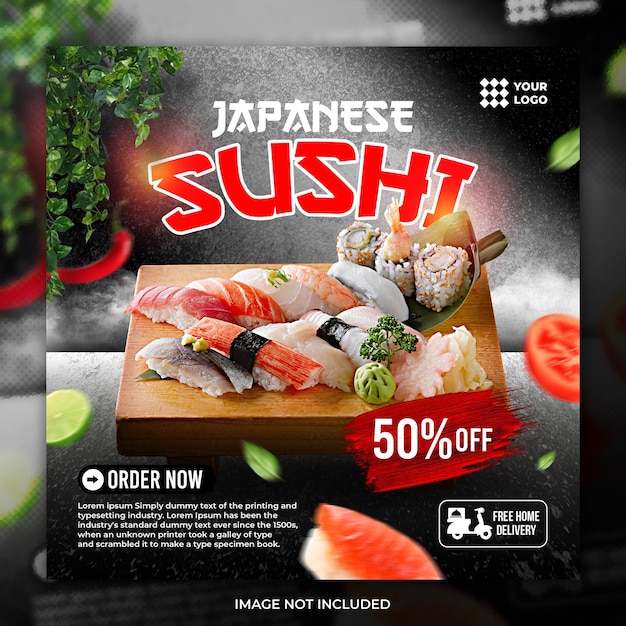 Delizioso sushi giapponese post sui social media e modello di banner