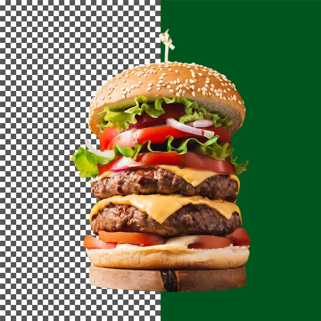 투명한 배경 png psd에 신선한 채소와 세사미 과 함께 맛있는 맛있는 치즈 버거