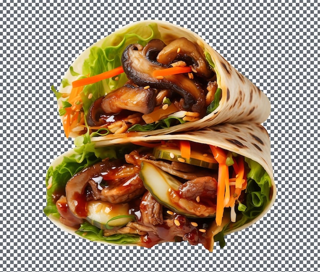 PSD delicious korean bbq bulgogi portobello wrap burger isolated on transparent background