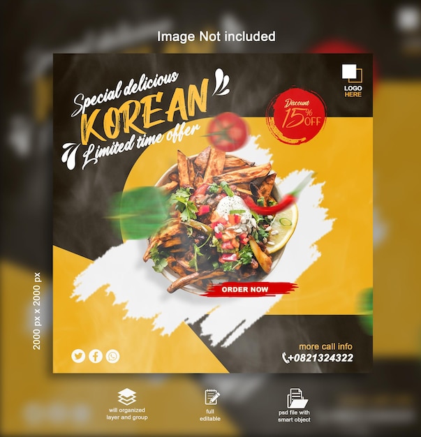 Modello di banner social media ristorante delizioso menu cibo coreano