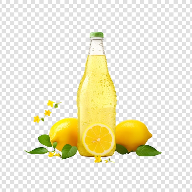 PSD deliciosa bottiglia di limonata con limone isolato su uno sfondo trasparente