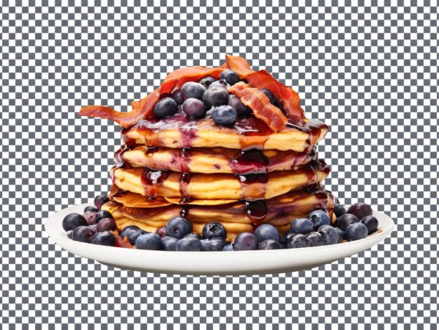 Delicious maple bacon pancakes stacked with blueberries isolated on a transparent background