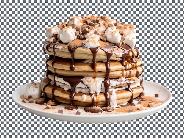 Delicious marshmallow stuffed nutella pancakes stacked isolated on a transparent background