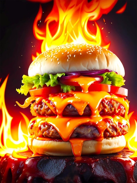 Delicious massive meat burger with flame red background instagram story