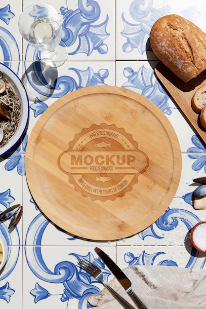 Delicious meal with gulas with mock-up wooden board