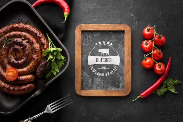 Delicious meat products with chalkboard mock-up