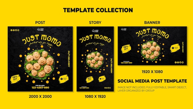 PSD delicious momos food social media template collection