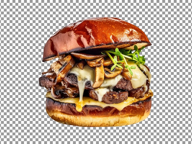 Delicious mushroom cheesel burger isolated on transparent background