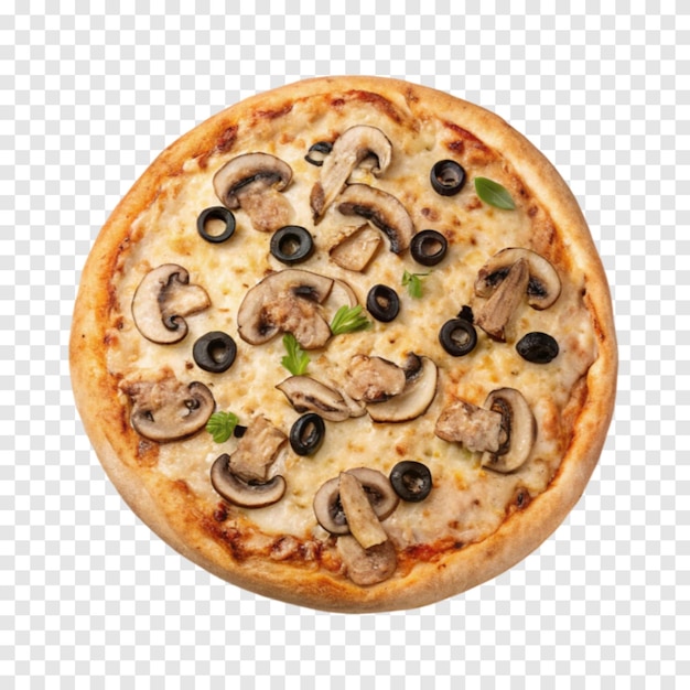透明な白い背景に隔離された美味しいキノコとオリーブピザ