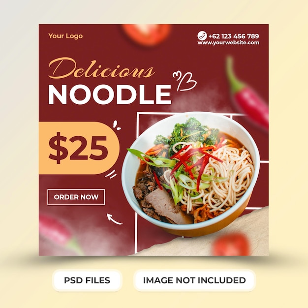 Delizioso modello di menu di noodle per la promozione dei post sui social media psd premium