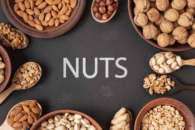 Delicious nut assortment flat lay