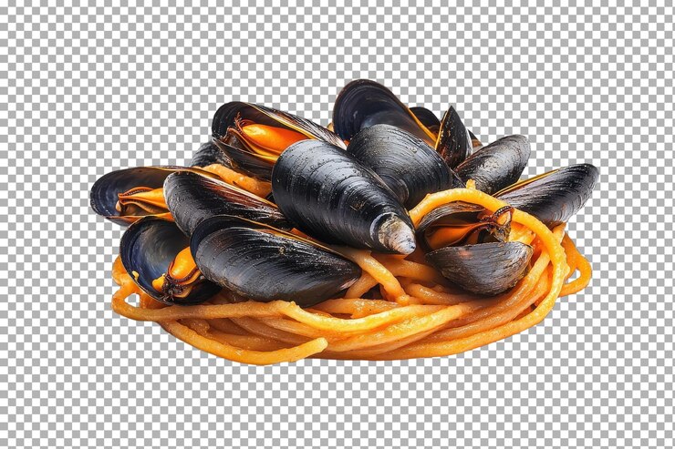 PSD delicious pasta topped with black mussels served on a white background for a culinary display