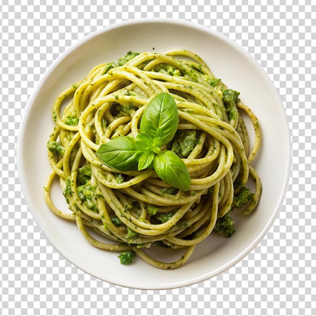 Deliziosa pasta al pesto su un piatto bianco su uno sfondo trasparente