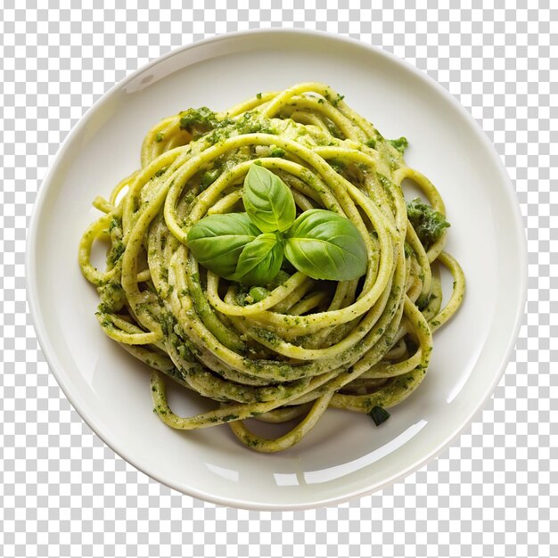 Deliziosa pasta al pesto su un piatto bianco su uno sfondo trasparente