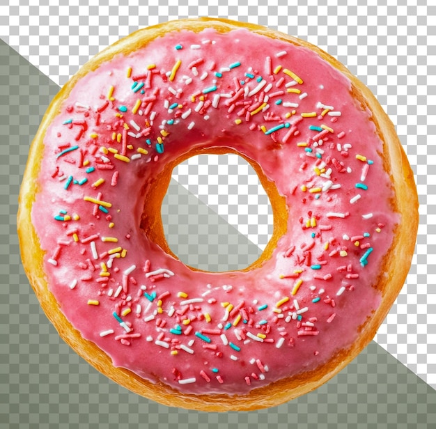 美味しいピンクのフローストドーナツ上部にスプリンクルが付いているカットアウトストック png