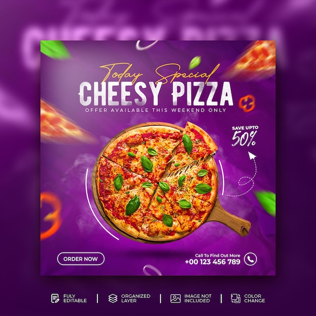 Delicious pizza food menu and restaurant social media instagram square post template banner