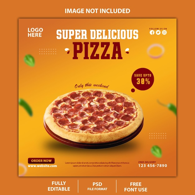 Deliziosi post e banner sui social media del menu di pizza e cibo