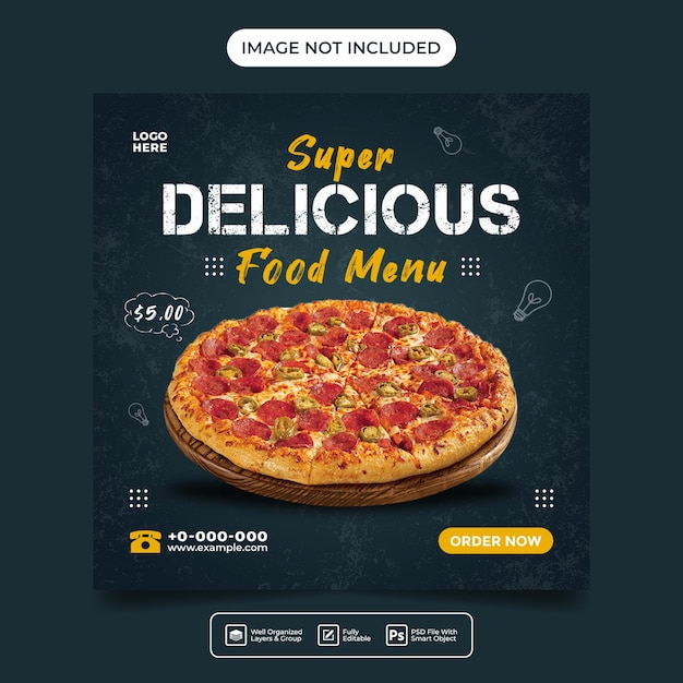 PSD delizioso menu pizza post sui social media o modello di banner volantino quadrato