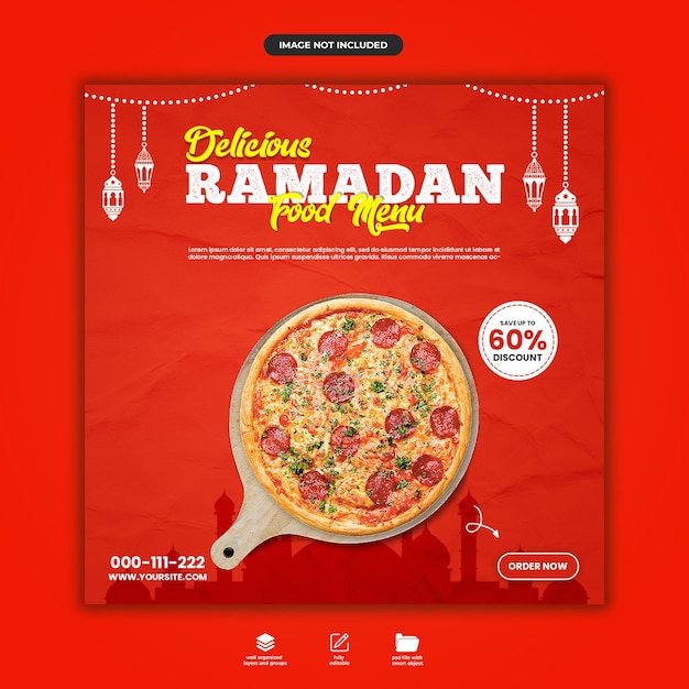 Deliziosa pizza modello di banner menu cibo ramadan o social media instagram post design