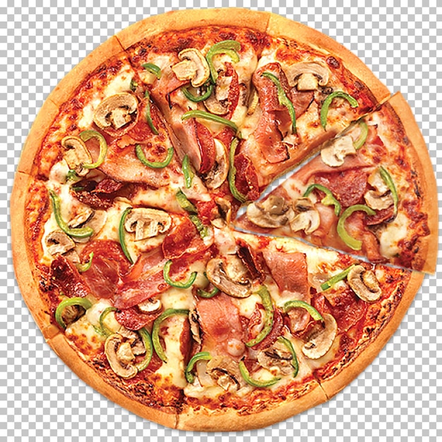 delicious pizza with pepperoni cheese mushrooms and ham