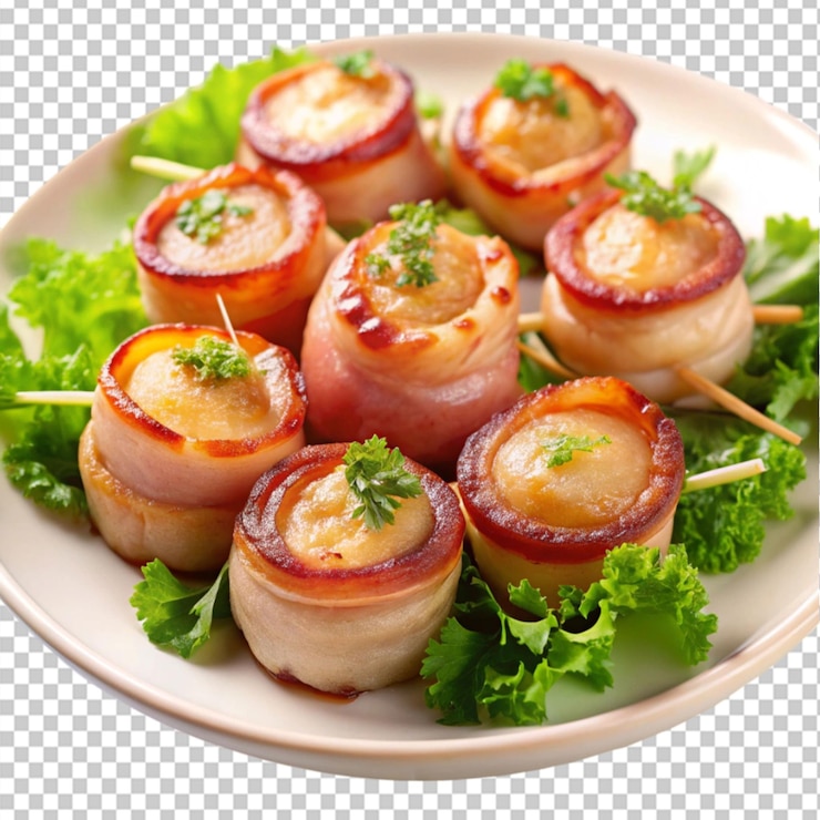 PSD delicious plate of bacon wrapped scallops on transparent background
