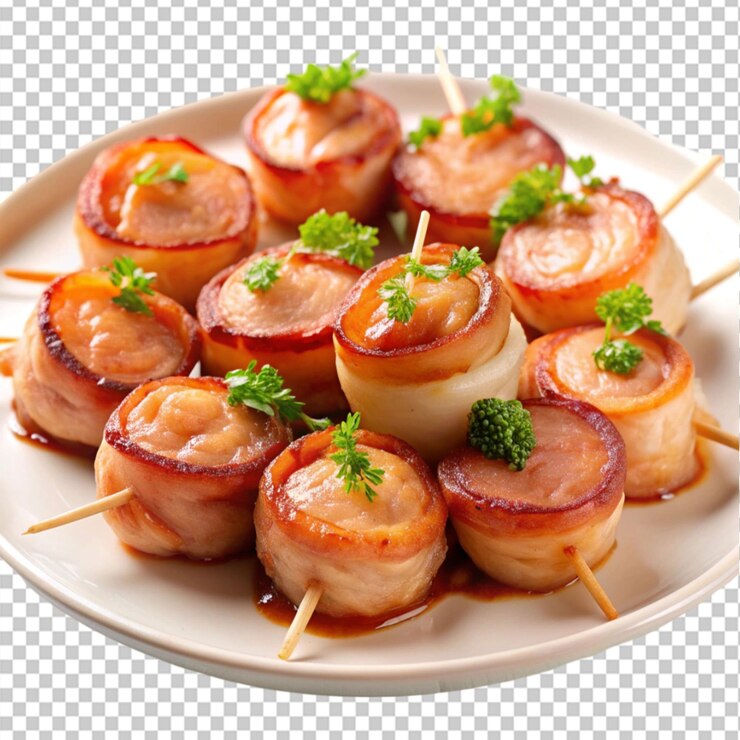 PSD delicious plate of bacon wrapped scallops on transparent background
