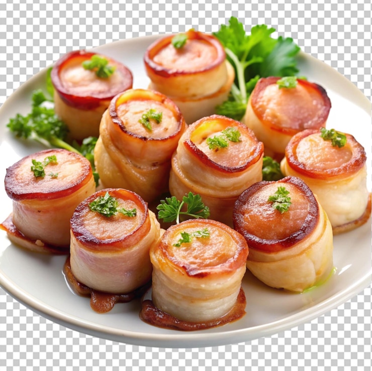 PSD delicious plate of bacon wrapped scallops on transparent background