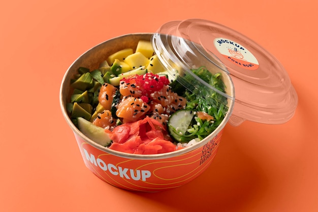 PSD delicious poke bowl mockup high angle