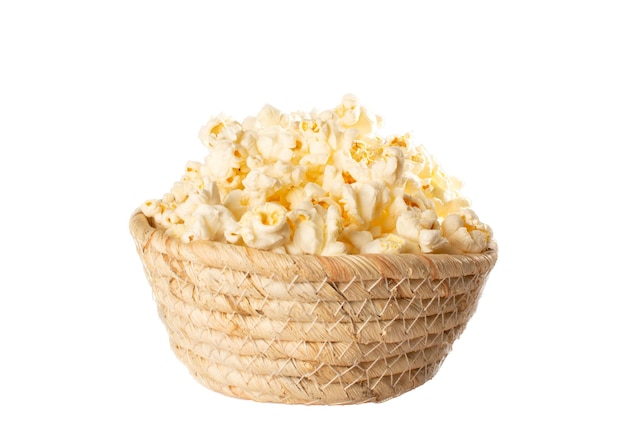 PSD delicious popcorn in a basket flags white background closeup view