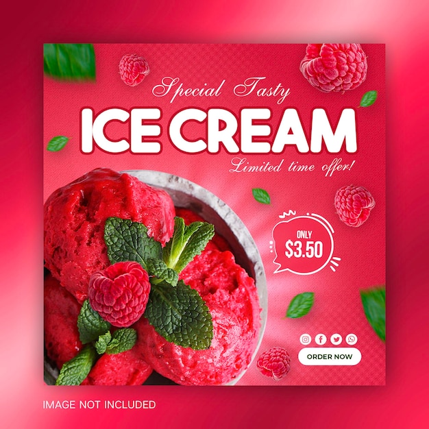 Delicious raspberry ice cream social media banner instagram square post template design